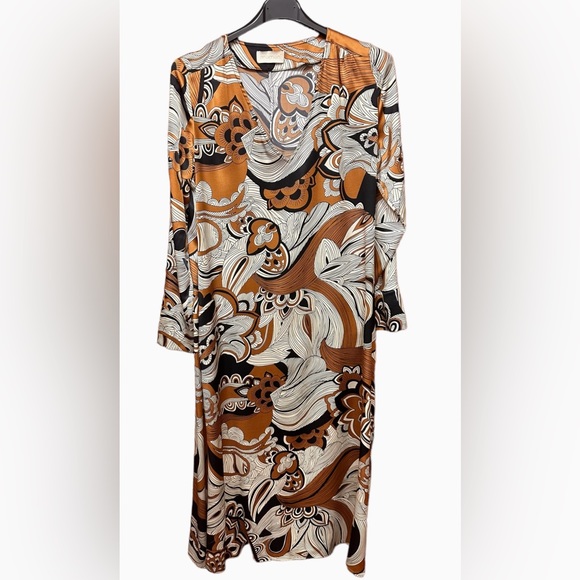 Mamoni Italian Silk V Neck Dress w 2 pockets in Bronze White & Black Size 40 EUC - Picture 1 of 9